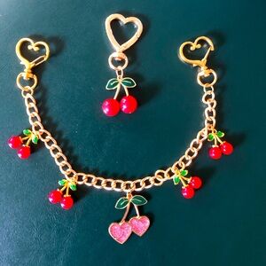 Cherry Bag Extender Chain with matching Bag Charm Keychain gold hardware hearts